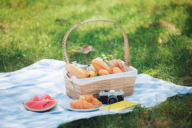 빵 음식과 과일이 든 소풍 바구니, 우쿨렐레, 푸른 잔디 정원에 있는 파란색 천에 복고풍 카메라, 화창한 여름에 복사 공간이 있습니다.