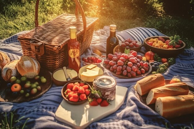 A picnic with a basket of food and a basket of food on a blanket.