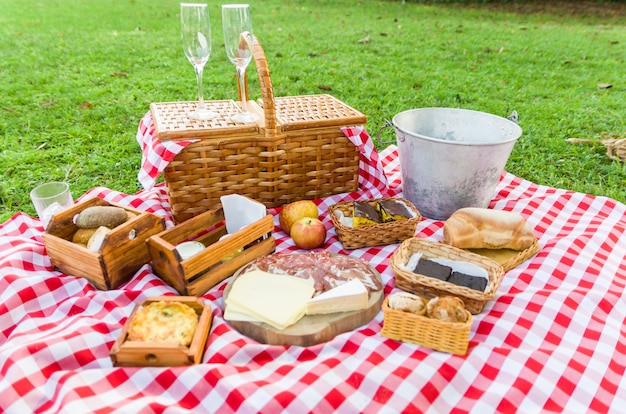 Picnic with fruits and juice on green lawn