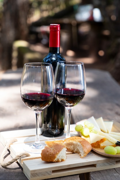 Picnic con vino rosso, pane e formaggio