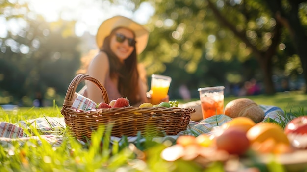 写真 公園の夏の晴れた日に緑の草の上でオレンジジュースの2杯のピクニック