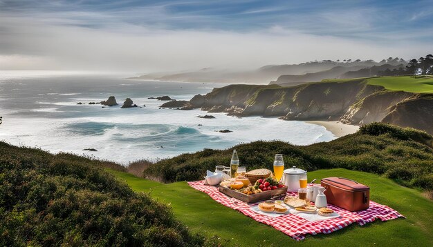 a picnic with a view of the ocean and a beach scene