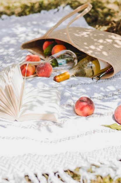 Foto picnic con vino bianco e pesche fresche