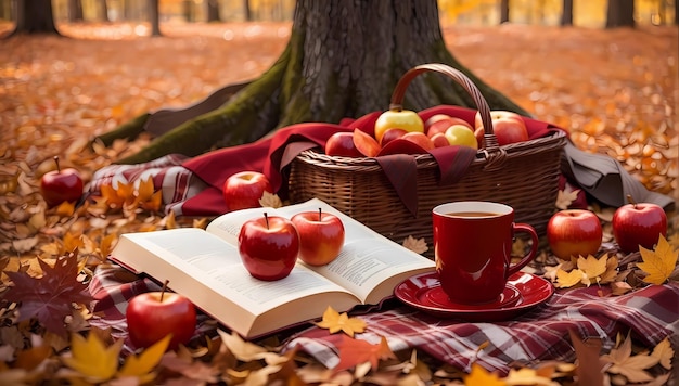 Picnic in the woods on an autumn afternoon with books coffee and apples