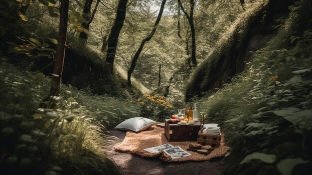 A picnic in the woods with a blanket on the ground and a book on the table.