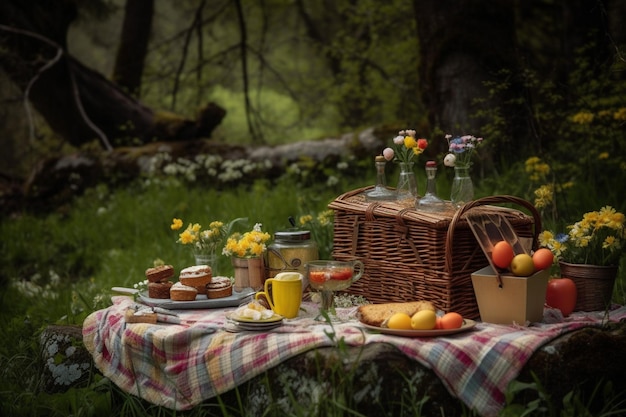 Пикник в лесу с корзиной, полной еды