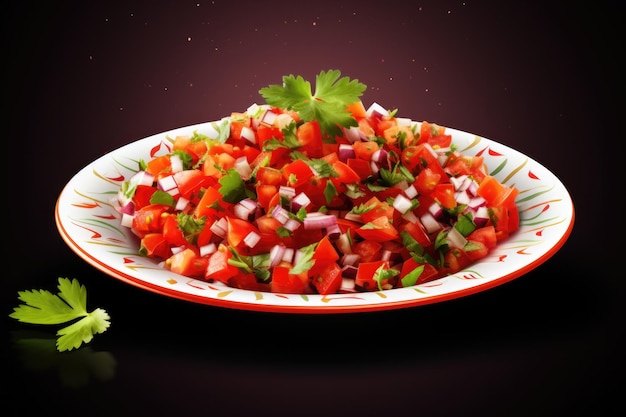 Photo pico de gallo on a white ornate round smooth plate on isolated transparent background mexican food