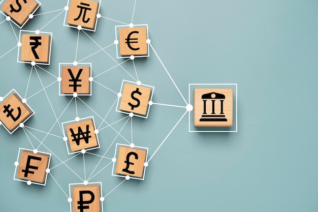 Pictogram van centrale bank verbindt koppeling met valutateken, waaronder Amerikaanse dollar Euro Yen Yuan en pond sterling voor wereldwijde gelduitwisseling en overdracht of forex-concept.