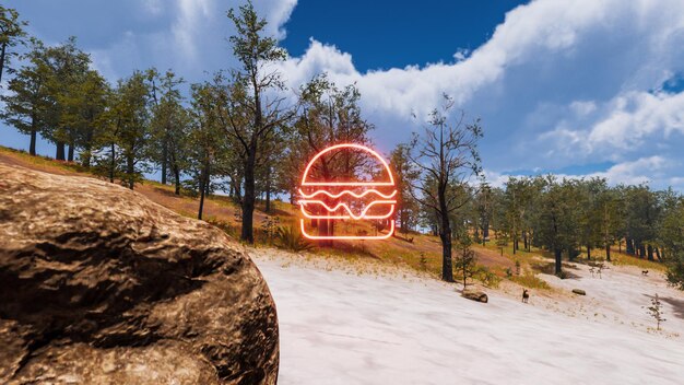 Pictogram van een hamburger met een natuurlijke omgeving op de achtergrond 3D render