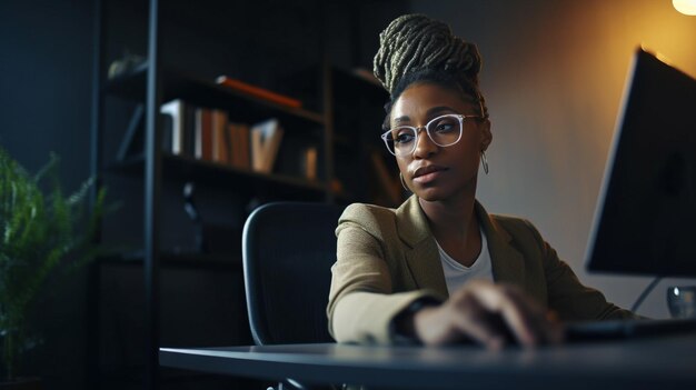 Picture of an African American woman in a wheelchair using a laptop while working at her home office with smart equipment that are easily accessible Generative AI