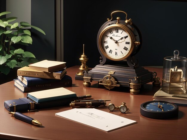 picture of an alarm clock with stationery on the table