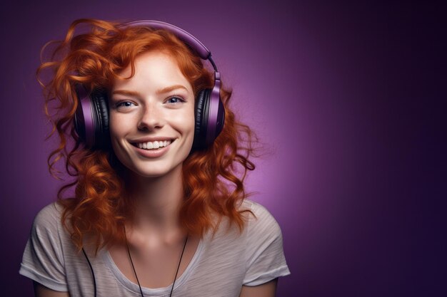 Picture of amazing beautiful young redhead lady standing isolated over purple wall background listening music with headphones