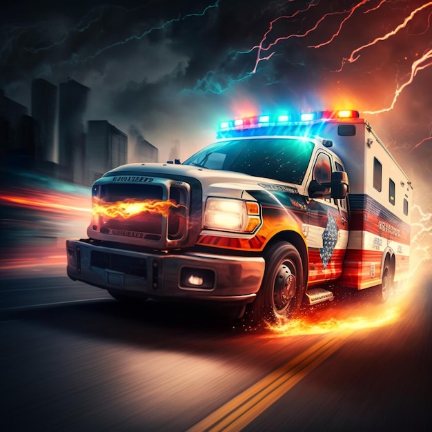 Изображение машины скорой помощи со словом пожар на стороне.