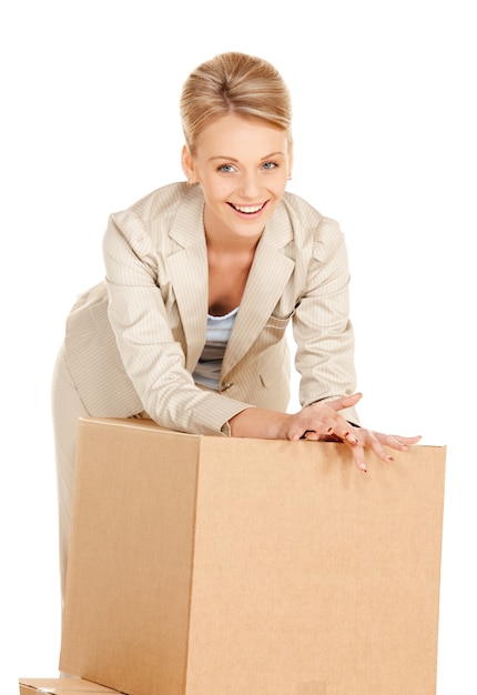 picture of attractive businesswoman with big boxes