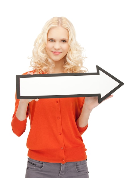 Photo picture of attractive businesswoman with direction arrow sign