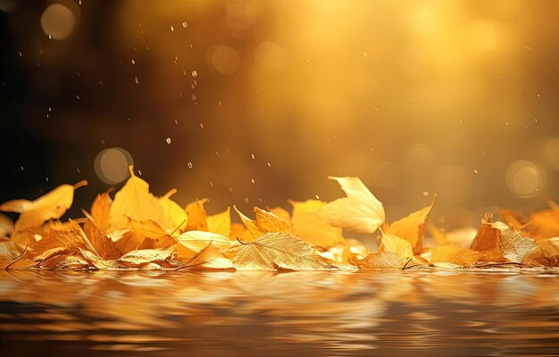 a picture of autumn leaves with the water in the background