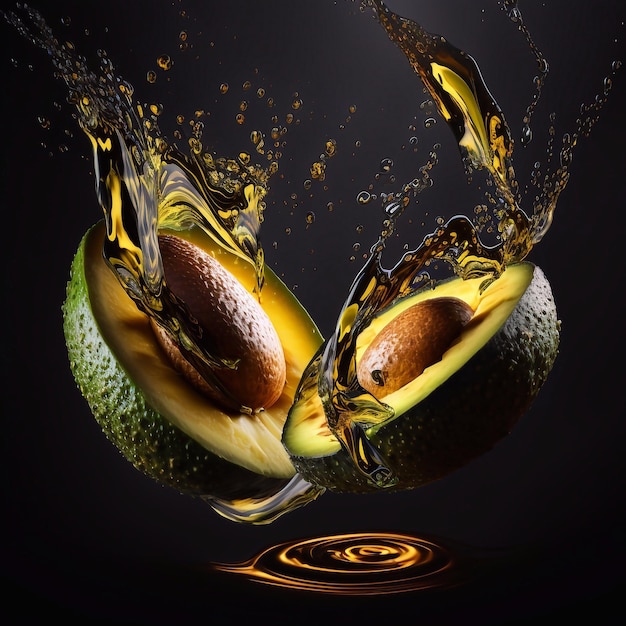 A picture of an avocado with a splash of liquid in it.