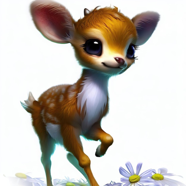 A picture of a baby deer with big eyes and a white background.