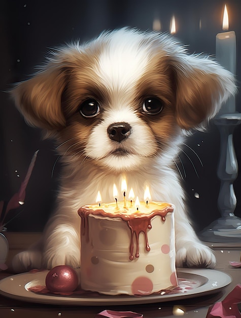 誕生日のケーキを持った赤ちゃんの犬の写真