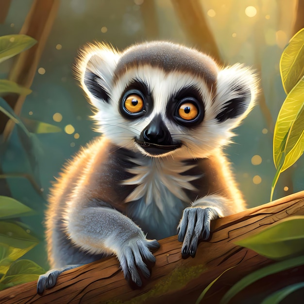 a picture of a baby lemur that has yellow eyes