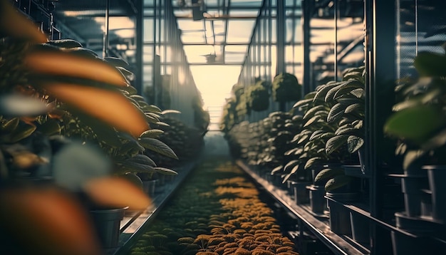 A picture of bananas in a greenhouse with a yellow background.