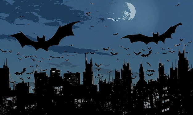 a picture of bats flying over city at night