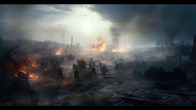 A picture of a battlefield with a dark sky and a large number of people in the background.