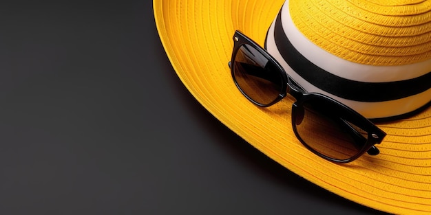 검정색 배경에 안경을 쓴 해변 모자의 그림다채로운 여름 템플릿 레크리에이션 개념 Generative AI