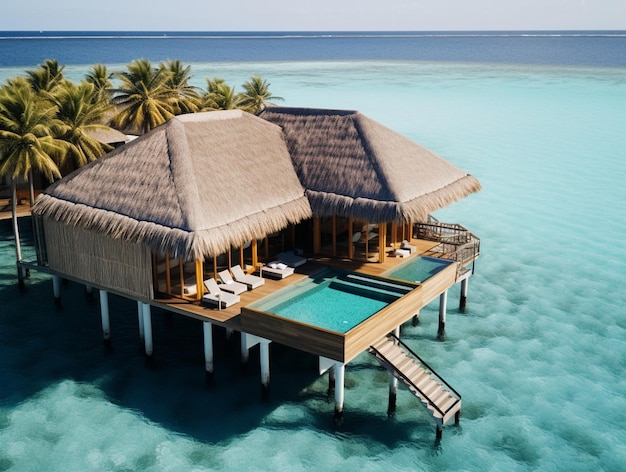 a picture of a beach hut with a pool and a beach scene.