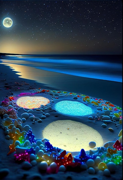 Photo picture of a beach at night with a full moon in the sky generative ai