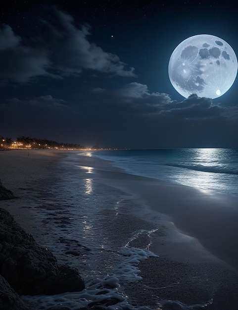 Picture of a beach at night with a full moon in the sky