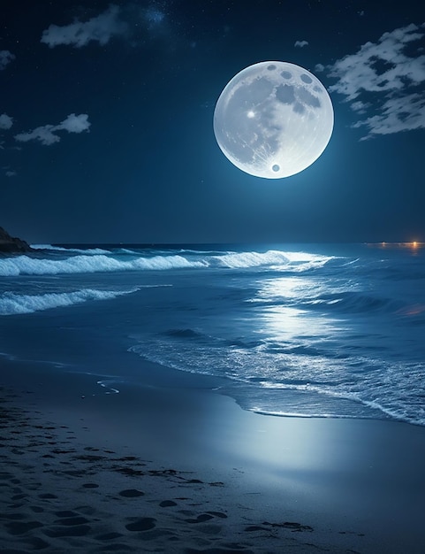 Picture of a beach at night with a full moon in the sky