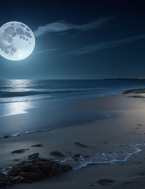 Picture of a beach at night with a full moon in the sky