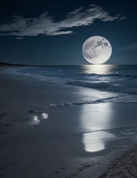 Picture of a beach at night with a full moon in the sky