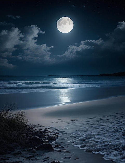 Picture of a beach at night with a full moon in the sky