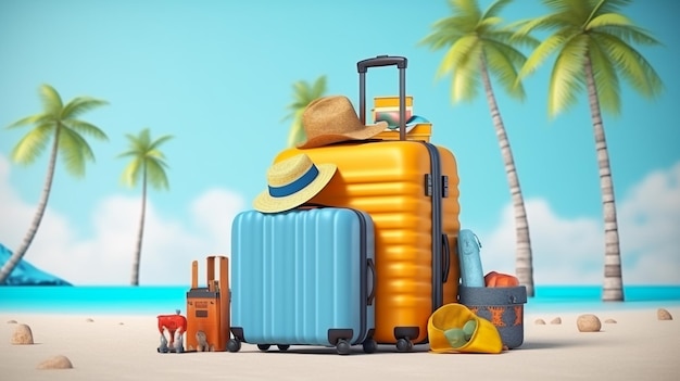 a picture of a beach scene with a suitcase and a hat on top of it.