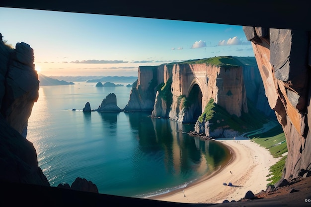 Foto un'immagine di una spiaggia con una scogliera sullo sfondo