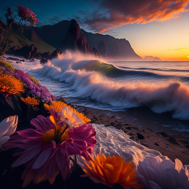 A picture of a beach with flowers and mountains in the background