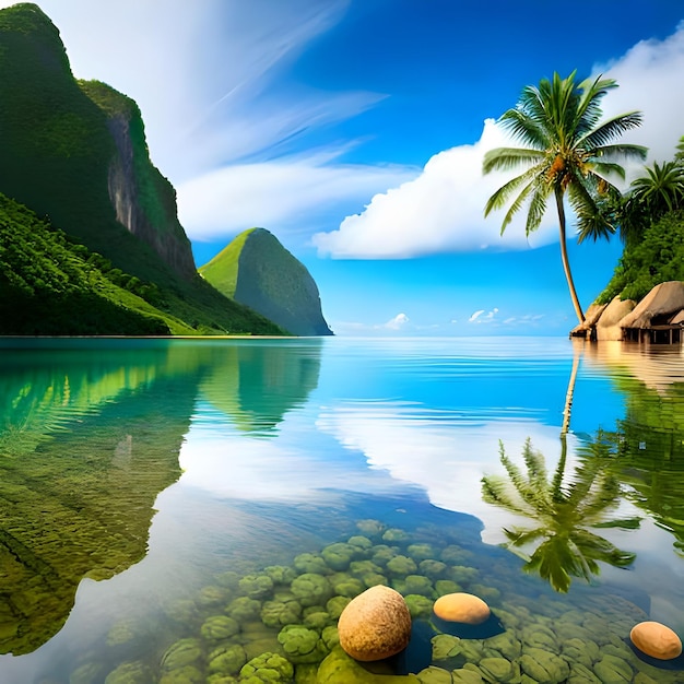 A picture of a beach with a house and mountains in the background.