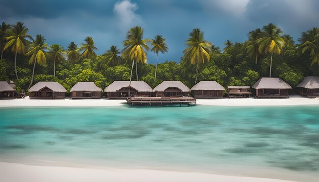 a picture of a beach with houses on the beach and palm trees in the background