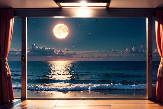 A picture of a beach with the moon and the sea in the background