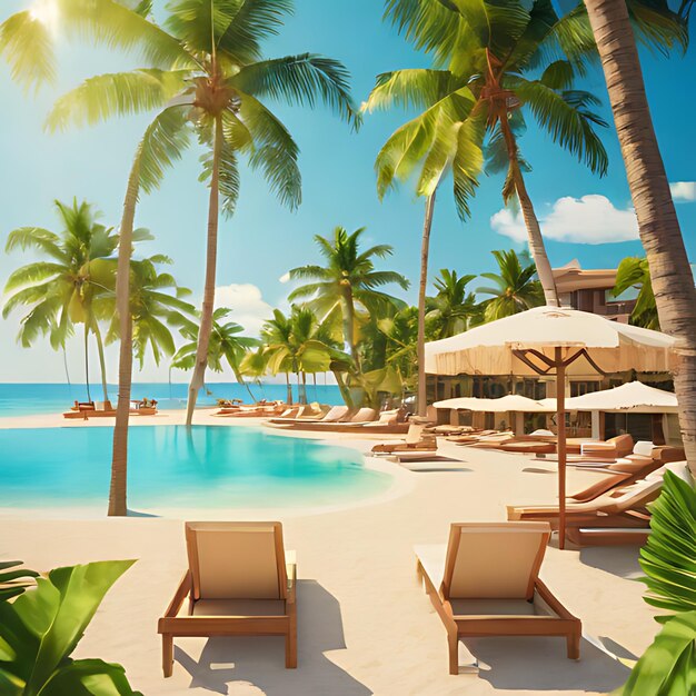 a picture of a beach with palm trees and a beach chair