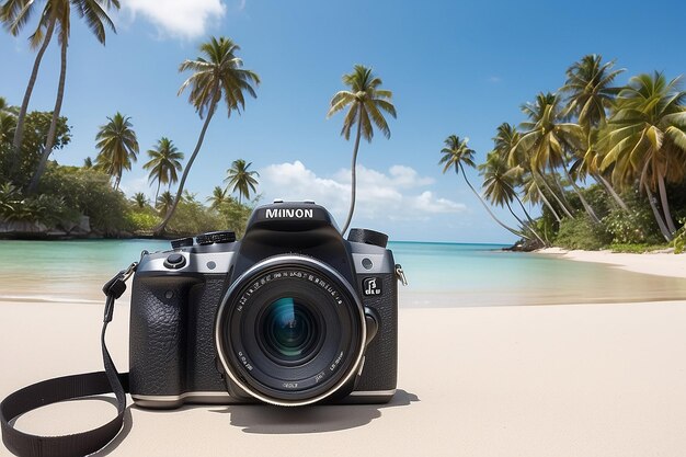 A picture of a beach with palm trees and a camera