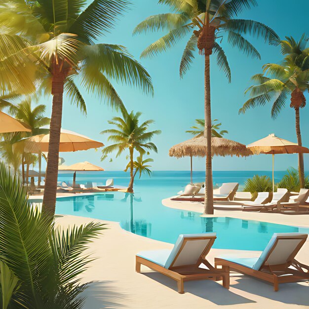 a picture of a beach with palm trees and lounge chairs