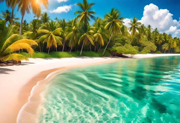 a picture of a beach with palm trees and the word  paradise  on the bottom