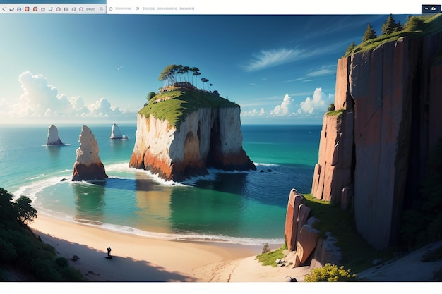 A picture of a beach with a rock formation in the middle of it