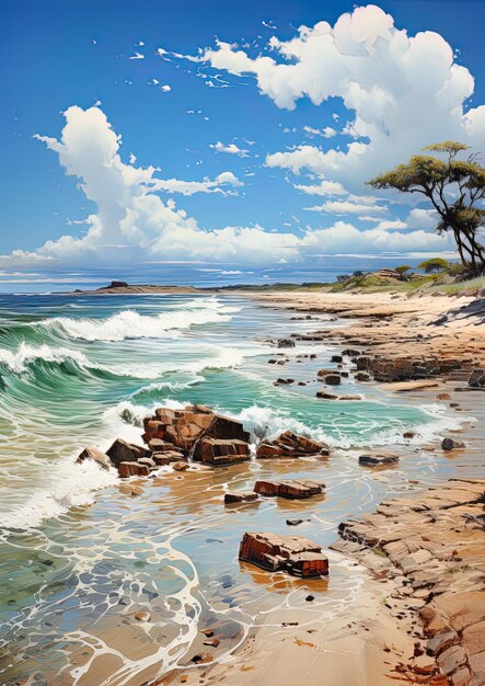 картинка пляжа с камнями и деревьями на пляже