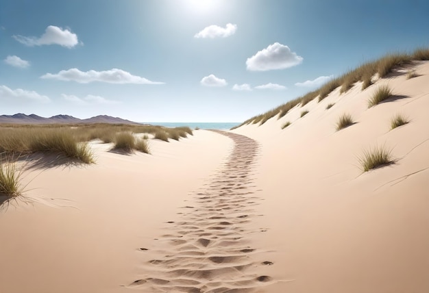 Картина пляжа с песчаной дюной и словом " отпечатки ног " в песке