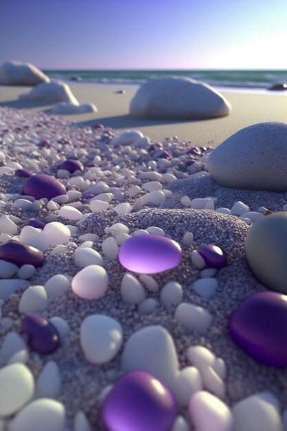A picture of a beach with stones and purple stones.