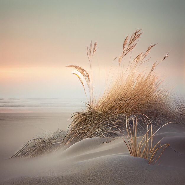 A picture of a beach with the sun setting behind some plants.